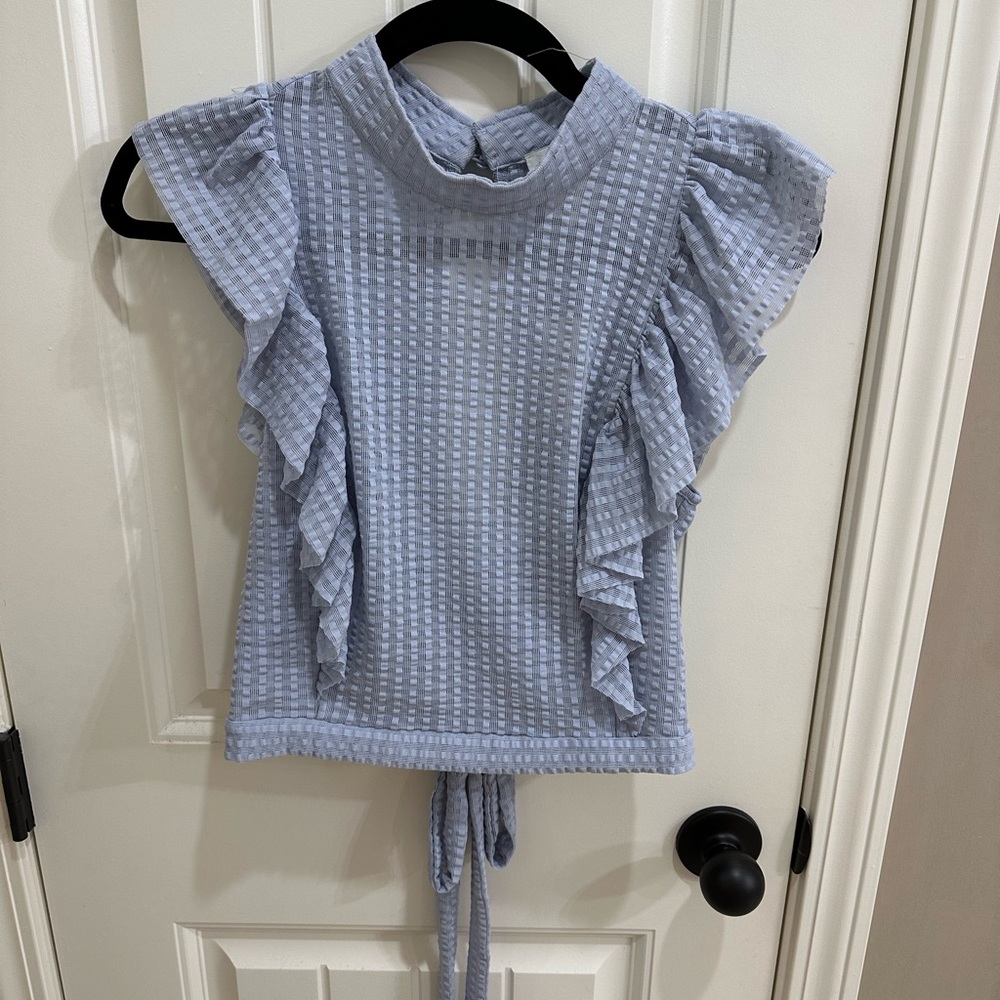 Maeve Blue Ruffled Blouse with Cap Sleeves